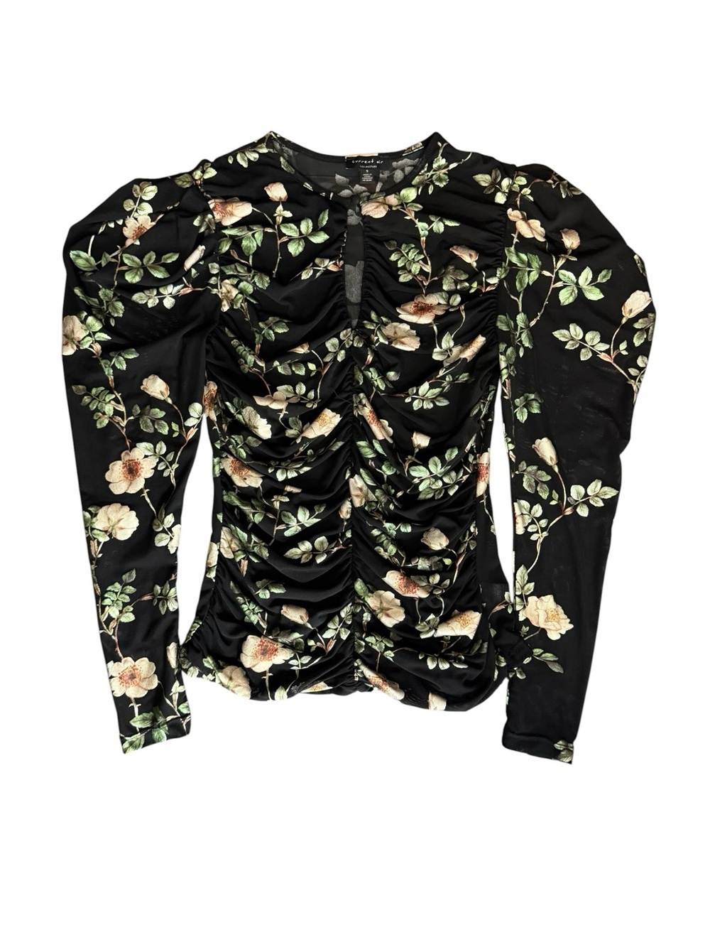 Black Floral Ruched Mesh Top Keyhole Puff Sleeve Romantic Cottagecore Feminine